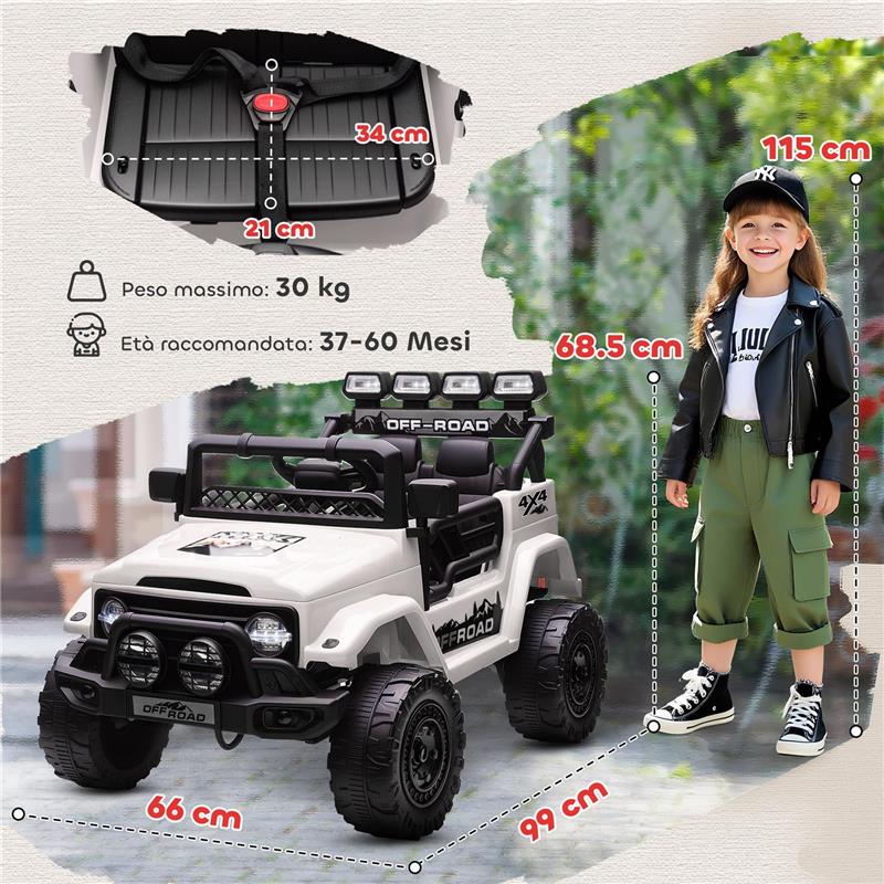 FUORISTRADA PER BAMBINI CON FANALI, CLACSON, CINTURA E TELECOMANDO, IN PP E METALLO, 99X66X68.5 CM, BIANCO
