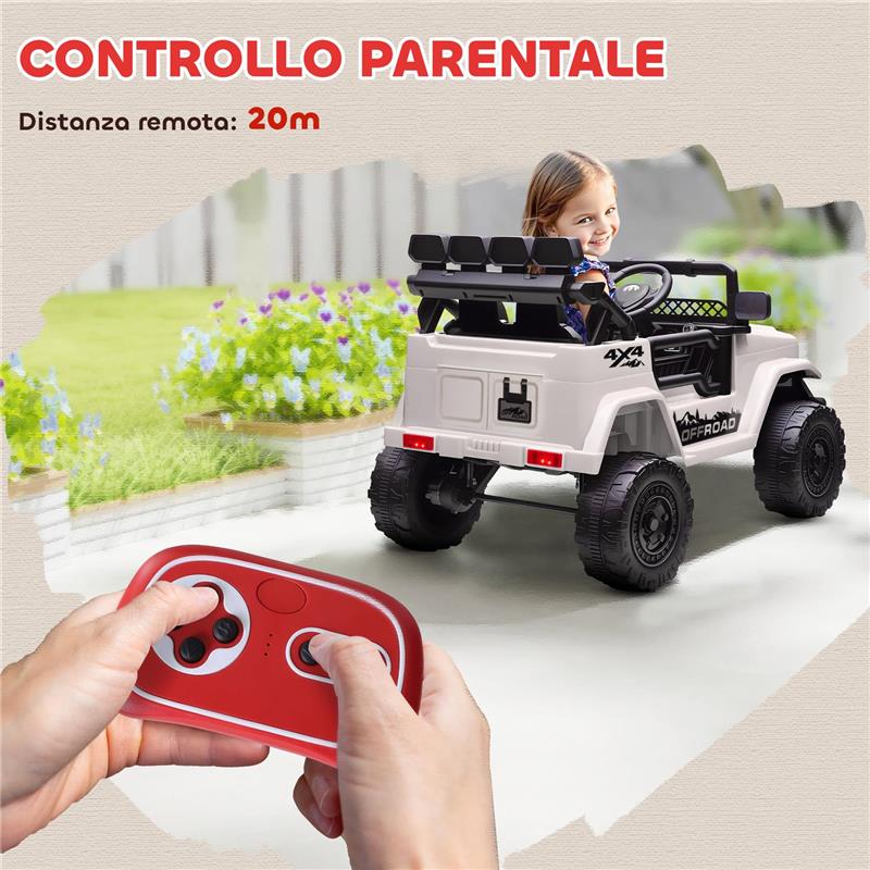 FUORISTRADA PER BAMBINI CON FANALI, CLACSON, CINTURA E TELECOMANDO, IN PP E METALLO, 99X66X68.5 CM, BIANCO