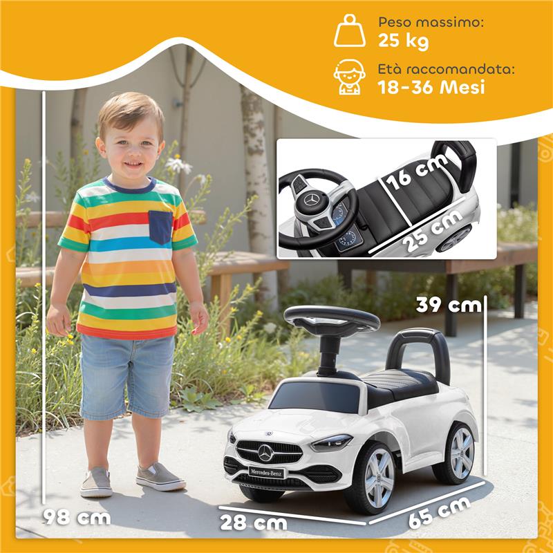 MACCHINA PER BAMBINI LICENZA MERCEDES BENZ CON CLACSON E SPAZIO PORTAOGGETTI, 65X28X39 CM, BIANCO