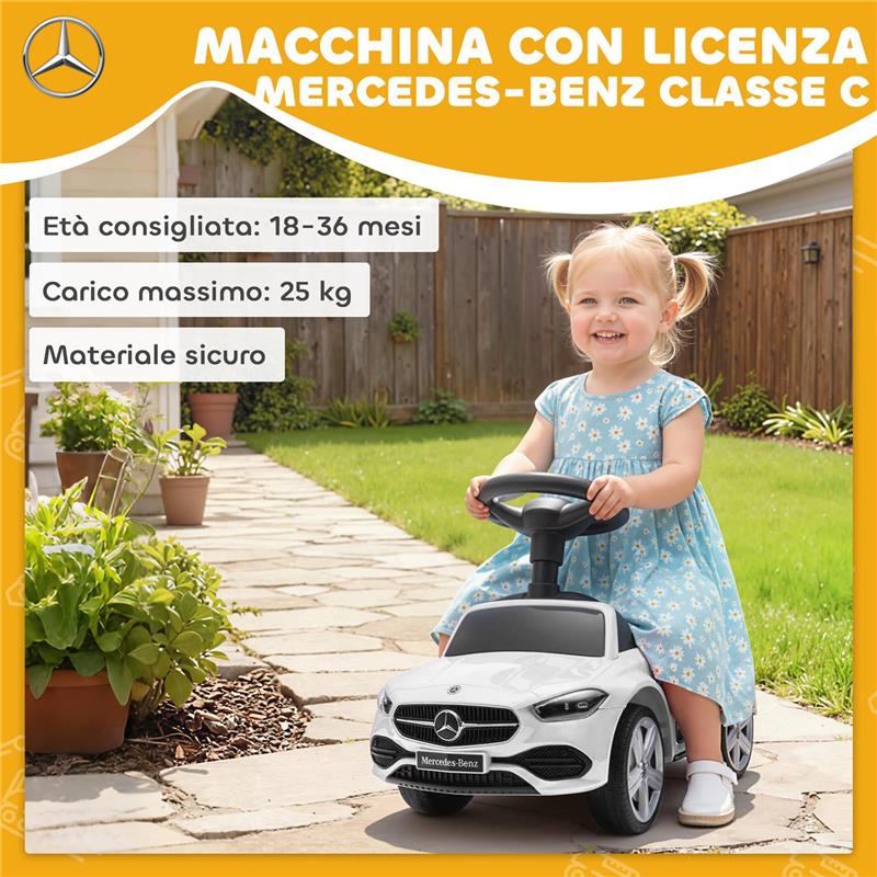 MACCHINA PER BAMBINI LICENZA MERCEDES BENZ CON CLACSON E SPAZIO PORTAOGGETTI, 65X28X39 CM, BIANCO