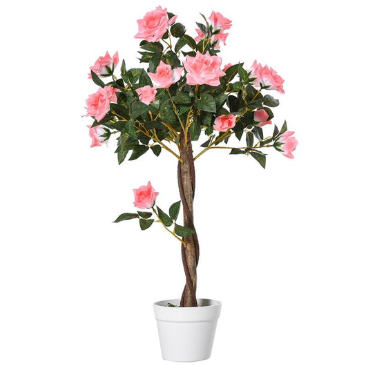 PIANTA FINTA DI ROSA DA 21 FIORI CON VASO RIEMPITO IN CEMENTO E MUSCHIO, Ï18X90 CM, ROSA