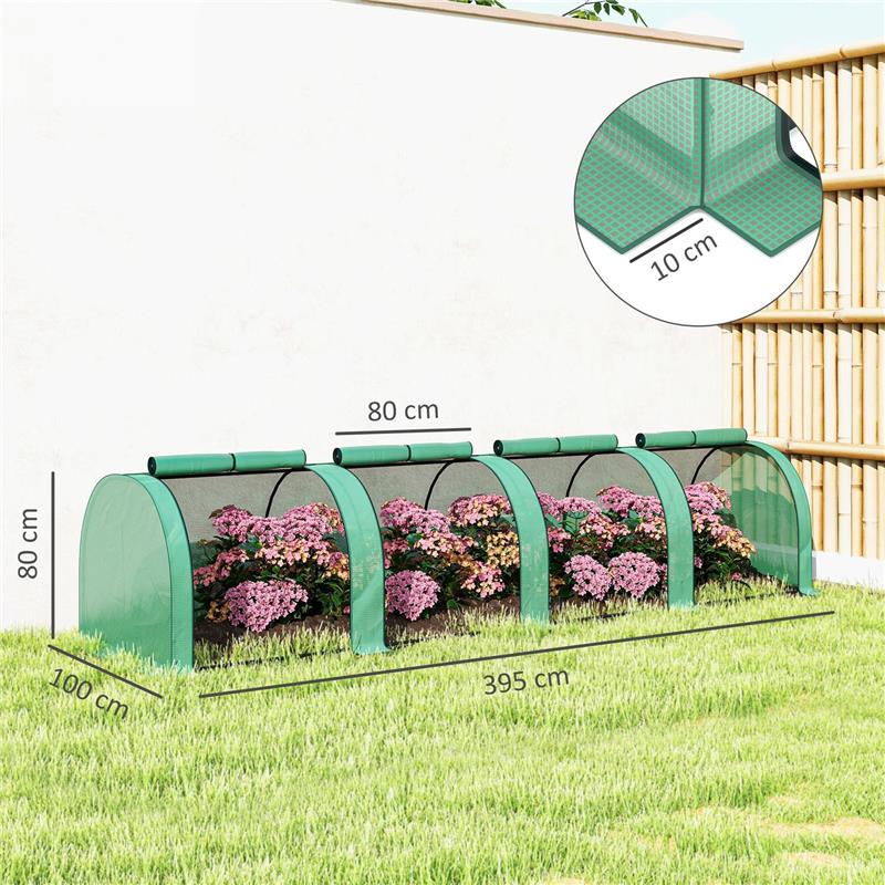 SERRA A TUNNEL IN ACCIAIO E PLASTICA IMPERMEABILE ANTI UV CON 4 PORTE, 395X100X80 CM, VERDE