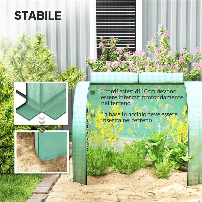SERRA A TUNNEL IN ACCIAIO E PLASTICA IMPERMEABILE ANTI UV CON 4 PORTE, 395X100X80 CM, VERDE