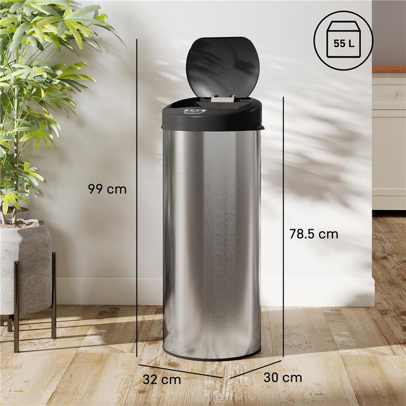 BIDONE PER RIFIUTI DA 55L CON SENSORE PER APERTURA AUTOMATICA E CHIUSURA AMMORTIZZATA, 32X30X72.5 CM, ARGENTO