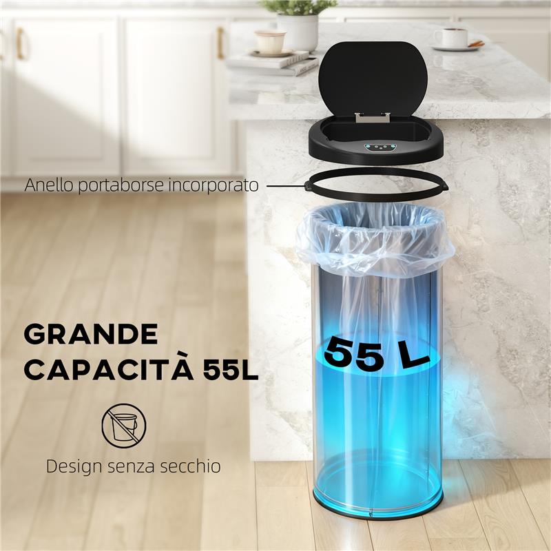BIDONE PER RIFIUTI DA 55L CON SENSORE PER APERTURA AUTOMATICA E CHIUSURA AMMORTIZZATA, 32X30X72.5 CM, ARGENTO