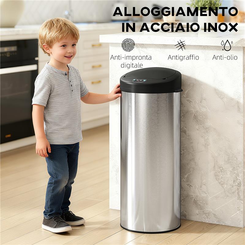 BIDONE PER RIFIUTI DA 55L CON SENSORE PER APERTURA AUTOMATICA E CHIUSURA AMMORTIZZATA, 32X30X72.5 CM, ARGENTO