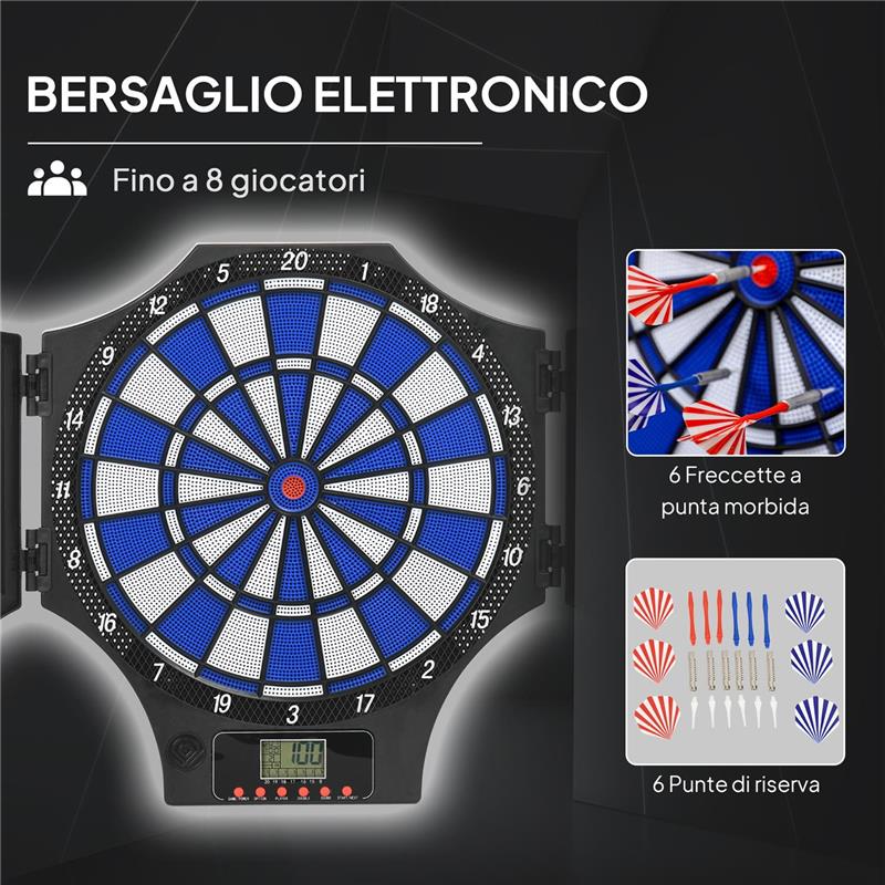 BERSAGLIO FRECCETTE ELETTRONICO CON 6 FRECCETTE E MONITOR LCD PER 31 GIOCHI, 83X45X4 CM, NERO E BLU