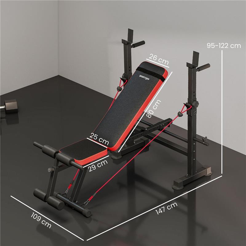 PANCA FITNESS CON RACK PER PESI, SCHIENALE E SEDILE REGOLABILI, DIP STATION, CAPACITÓ 420 KG