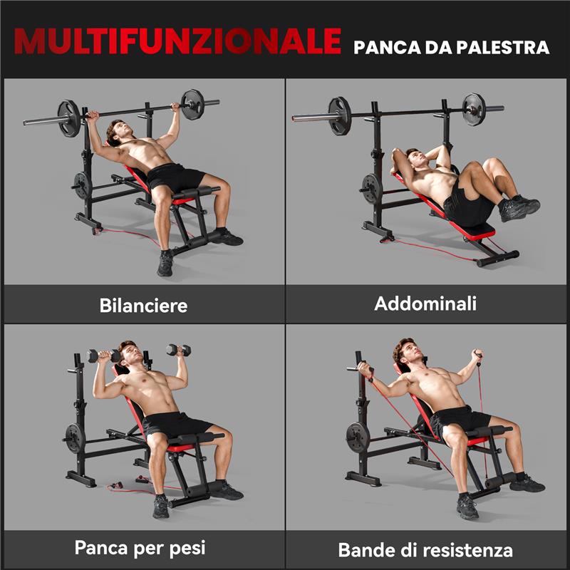 PANCA FITNESS CON RACK PER PESI, SCHIENALE E SEDILE REGOLABILI, DIP STATION, CAPACITÓ 420 KG