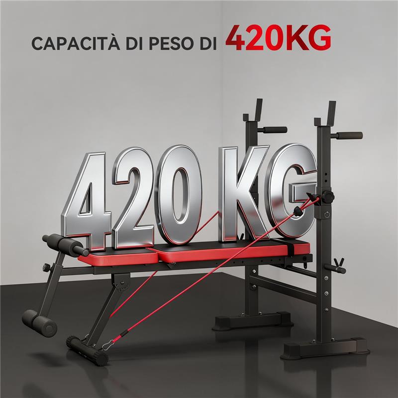 PANCA FITNESS CON RACK PER PESI, SCHIENALE E SEDILE REGOLABILI, DIP STATION, CAPACITÓ 420 KG