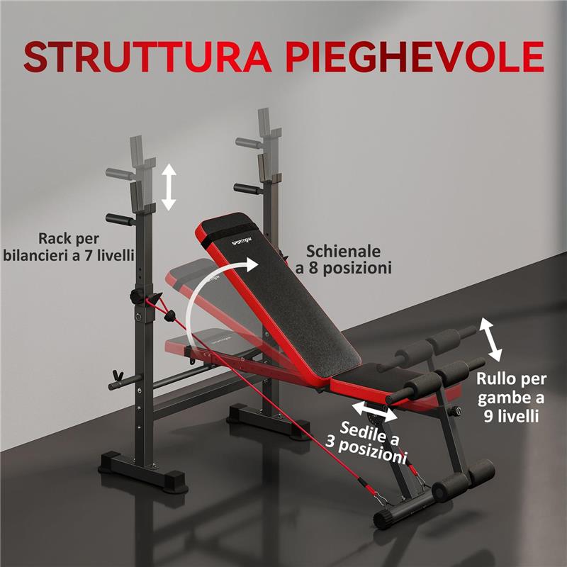 PANCA FITNESS CON RACK PER PESI, SCHIENALE E SEDILE REGOLABILI, DIP STATION, CAPACITÓ 420 KG