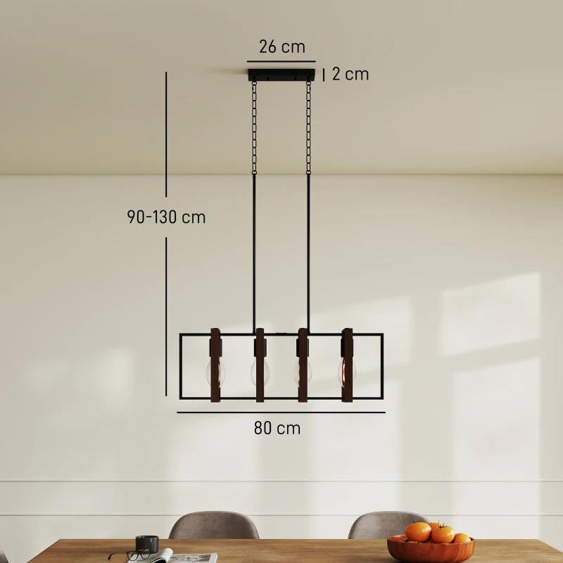 LAMPADARIO A SOSPENSIONE RUSTICO CON 4 CORNICI GIREVOLI E CATENA REGOLABILE, 80X21X90-130 CM, NERO E MARRONE