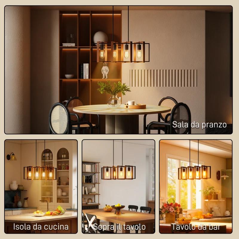 LAMPADARIO A SOSPENSIONE RUSTICO CON 4 CORNICI GIREVOLI E CATENA REGOLABILE, 80X21X90-130 CM, NERO E MARRONE
