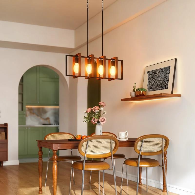 LAMPADARIO A SOSPENSIONE RUSTICO CON 4 CORNICI GIREVOLI E CATENA REGOLABILE, 80X21X90-130 CM, NERO E MARRONE