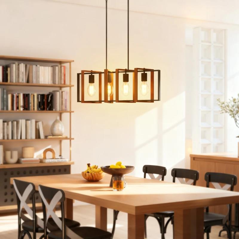 LAMPADARIO A SOSPENSIONE RUSTICO CON 4 CORNICI GIREVOLI E CATENA REGOLABILE, 80X21X90-130 CM, NERO E MARRONE