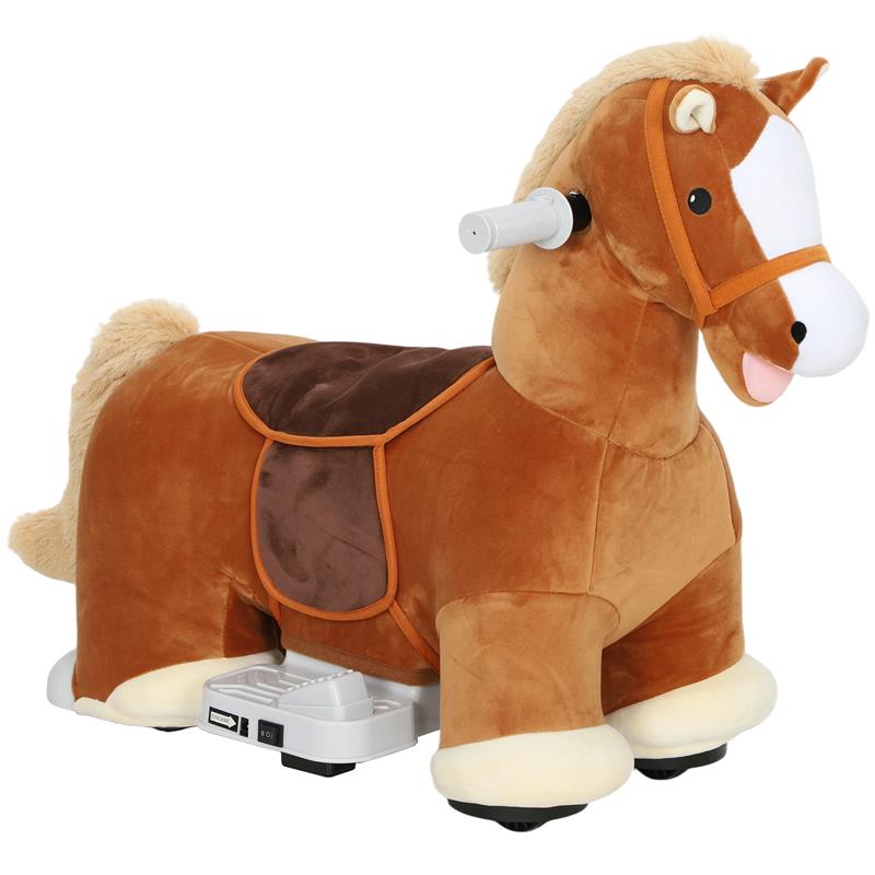 CAVALLO ELETTRICO PER BAMBINI CON PEDALI, ROTELLE E SUONI, IN PELUCHE E METALLO, 74X34X51 CM, MARRONE