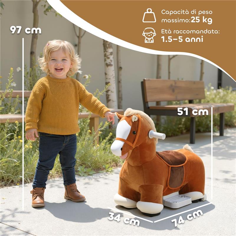CAVALLO ELETTRICO PER BAMBINI CON PEDALI, ROTELLE E SUONI, IN PELUCHE E METALLO, 74X34X51 CM, MARRONE