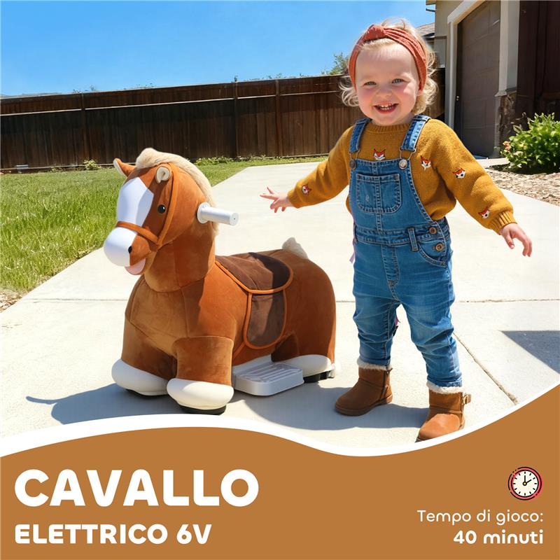 CAVALLO ELETTRICO PER BAMBINI CON PEDALI, ROTELLE E SUONI, IN PELUCHE E METALLO, 74X34X51 CM, MARRONE