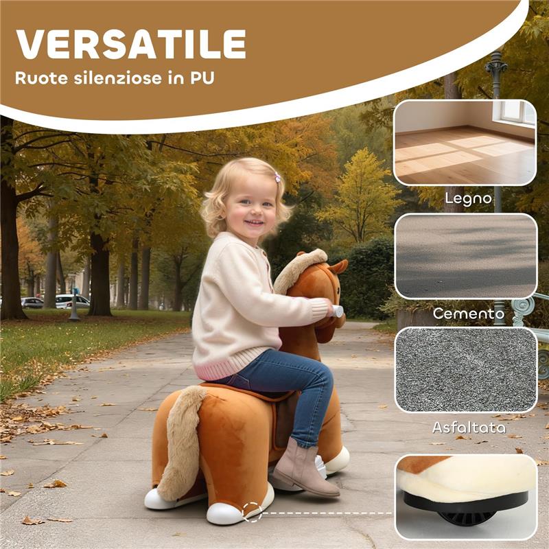CAVALLO ELETTRICO PER BAMBINI CON PEDALI, ROTELLE E SUONI, IN PELUCHE E METALLO, 74X34X51 CM, MARRONE