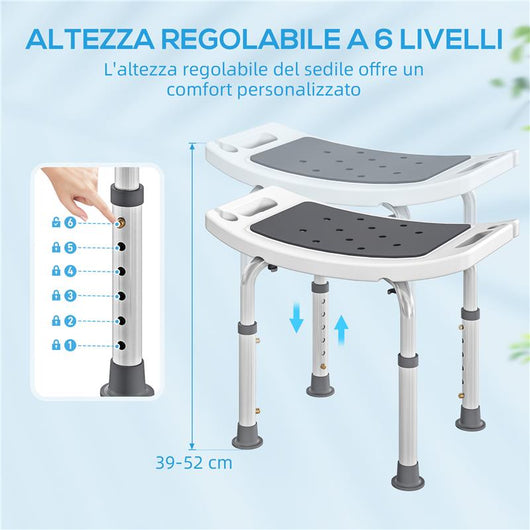 SGABELLO DA DOCCIA IN LEGA DI ALLUMINIO E PLASTICA ANTISCIVOLO, ALTEZZA REGOLABILE 6 LIVELLI 39-52CM, GRIGIO