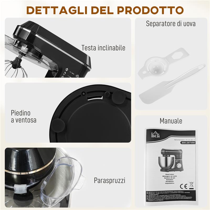 IMPASTATRICE PLANETARIA 1400W CON CIOTOLA 7L E 6 VELOCITÓ, GANCIO IMPASTATORE, FRUSTA E SBATTITORE, NERO