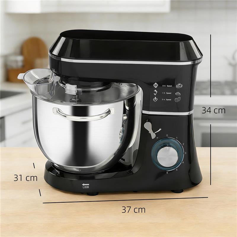 IMPASTATRICE PLANETARIA 1400W CON CIOTOLA 7L E 6 VELOCITÓ, GANCIO IMPASTATORE, FRUSTA E SBATTITORE, NERO