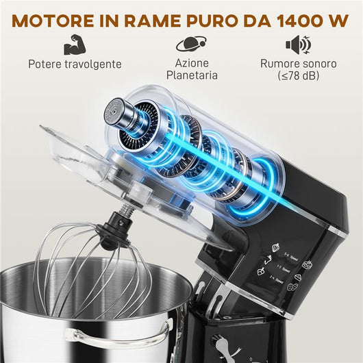 IMPASTATRICE PLANETARIA 1400W CON CIOTOLA 7L E 6 VELOCITÓ, GANCIO IMPASTATORE, FRUSTA E SBATTITORE, NERO