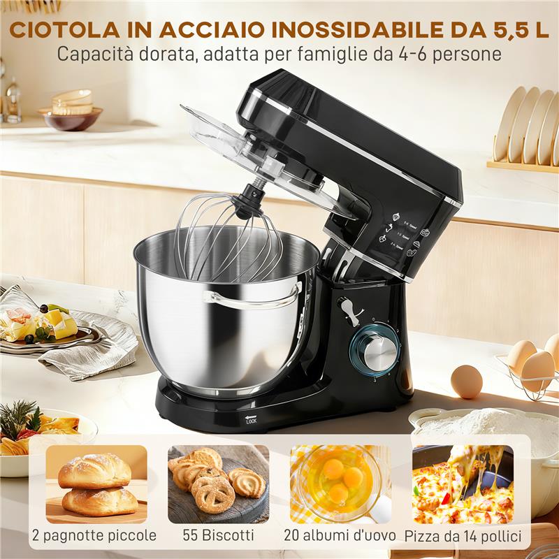IMPASTATRICE PLANETARIA 1400W CON CIOTOLA 7L E 6 VELOCITÓ, GANCIO IMPASTATORE, FRUSTA E SBATTITORE, NERO