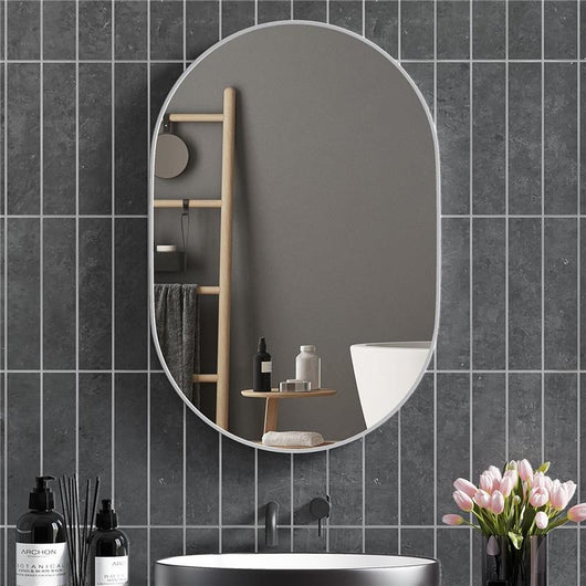 SPECCHIO BAGNO OVALE DA PARETE CON CORNICE IN ALLUMINIO, VERTICALE O ORIZZONTALE, 60X90 CM, ARGENTO