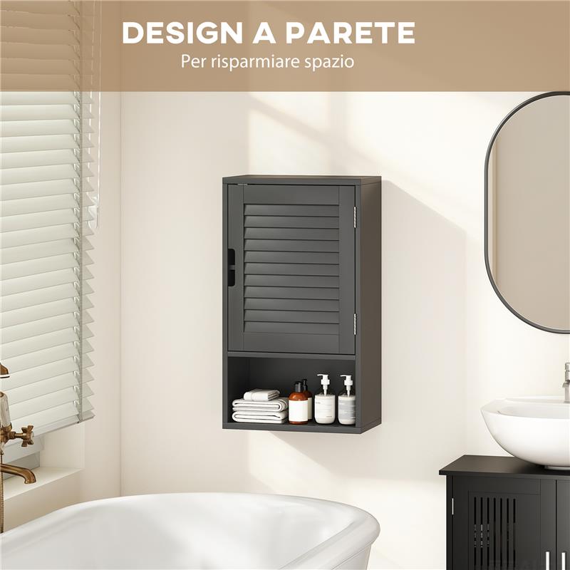 ARMADIETTO BAGNO A PARETE CON RIPIANO REGOLABILE E ANTA AMMORTIZZATA, 40X20X60 CM, NERO