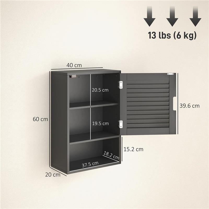 ARMADIETTO BAGNO A PARETE CON RIPIANO REGOLABILE E ANTA AMMORTIZZATA, 40X20X60 CM, NERO