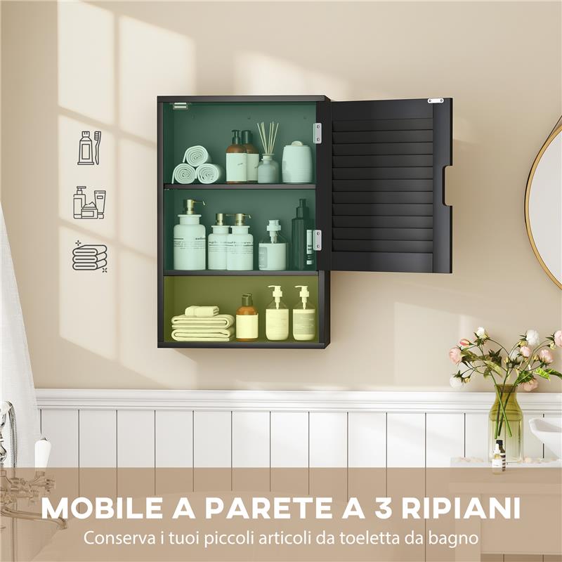 ARMADIETTO BAGNO A PARETE CON RIPIANO REGOLABILE E ANTA AMMORTIZZATA, 40X20X60 CM, NERO