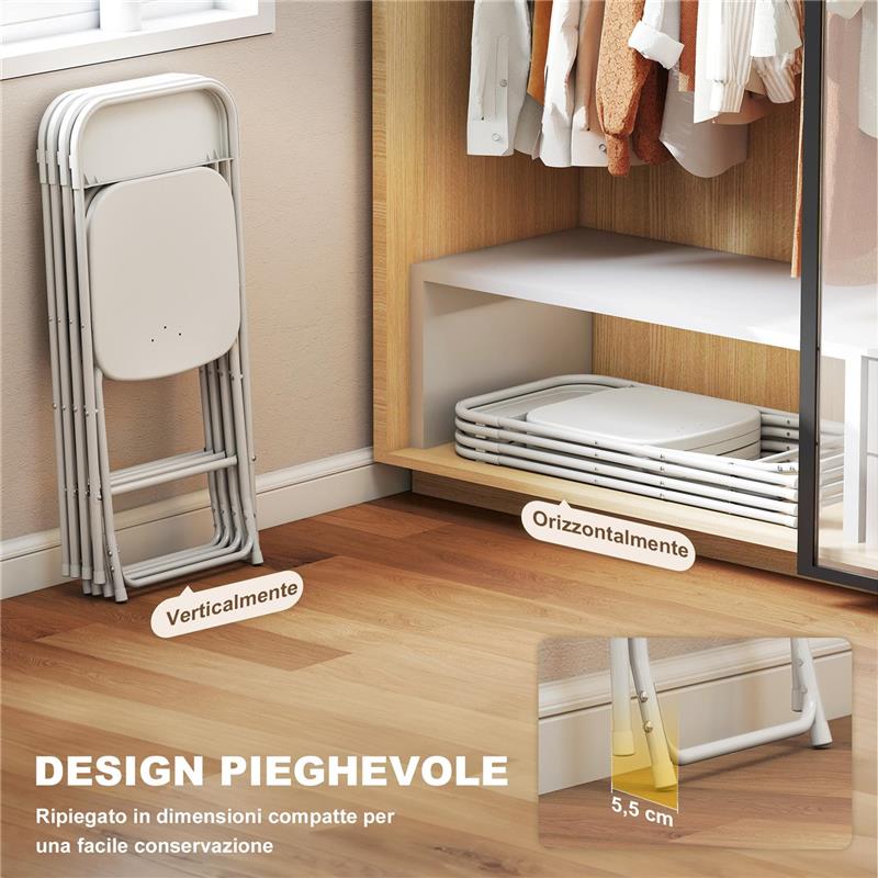 SET 4 SEDIE PIEGHEVOLI CON FORI DI DRENAGGIO IN PLASTICA E METALLO, 45X49X79.5 CM, BIANCO