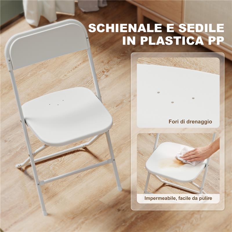 SET 4 SEDIE PIEGHEVOLI CON FORI DI DRENAGGIO IN PLASTICA E METALLO, 45X49X79.5 CM, BIANCO
