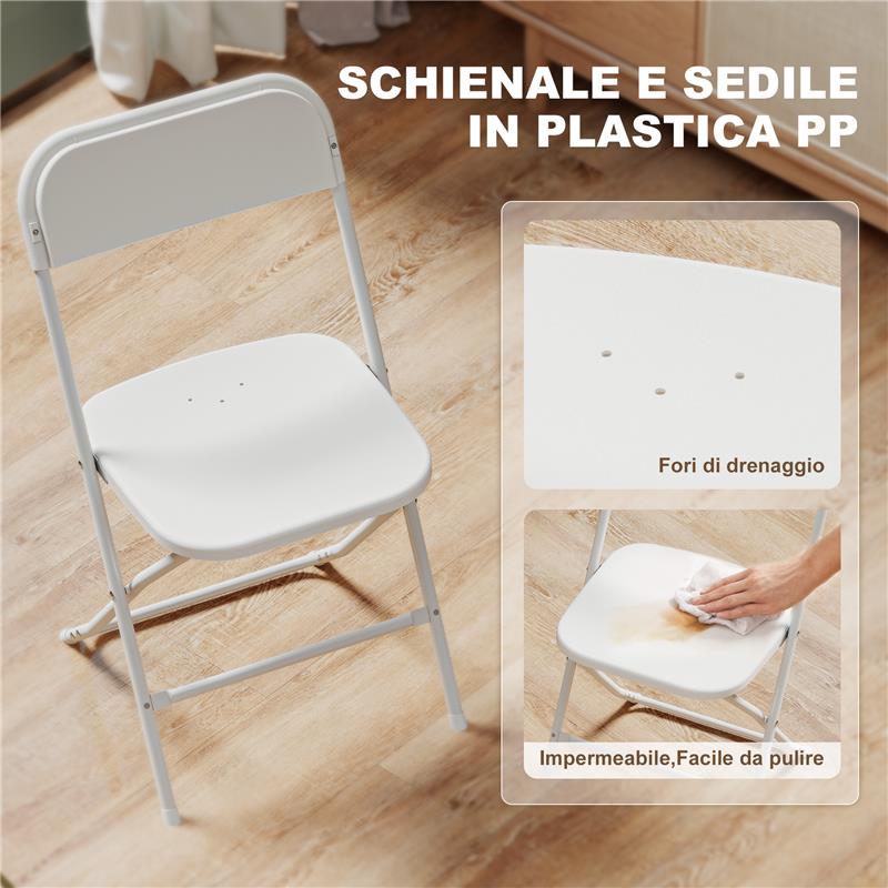 SET 6 SEDIE PIEGHEVOLI CON FORI DI DRENAGGIO IN PLASTICA E METALLO, 45X49X79.5 CM, BIANCO