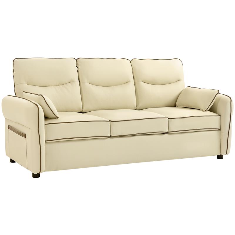 DIVANO 3 POSTI IN FINTA PELLE CON IMBOTTITURA SPESSA, TASCA LATERALE E 2 CUSCINI, 190X83X90 CM, BEIGE