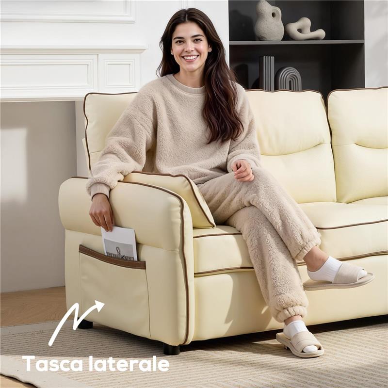 DIVANO 3 POSTI IN FINTA PELLE CON IMBOTTITURA SPESSA, TASCA LATERALE E 2 CUSCINI, 190X83X90 CM, BEIGE