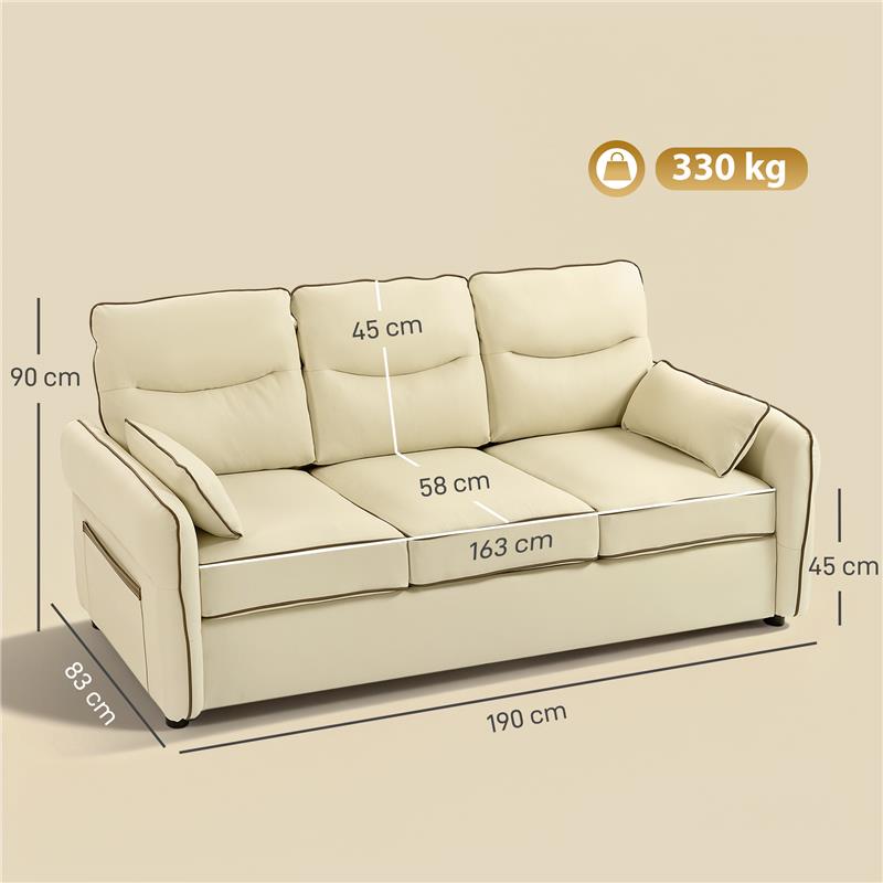 DIVANO 3 POSTI IN FINTA PELLE CON IMBOTTITURA SPESSA, TASCA LATERALE E 2 CUSCINI, 190X83X90 CM, BEIGE