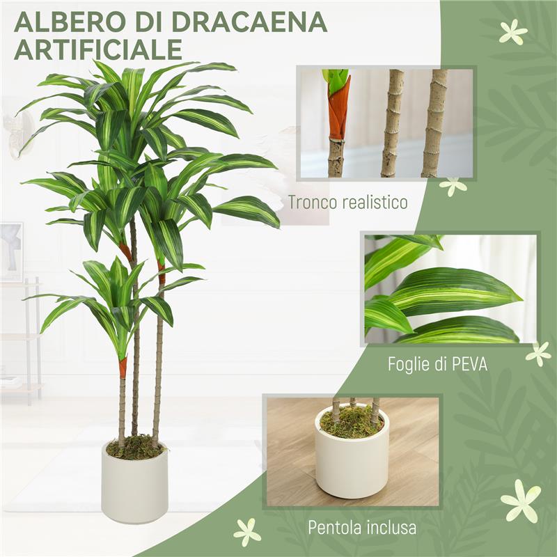 PIANTA ARTIFICIALE DI DRACENA VERDE IN PEVA E LEGNO CON VASO CONTENITORE IN PP E CEMENTO, 60X40X120 CM