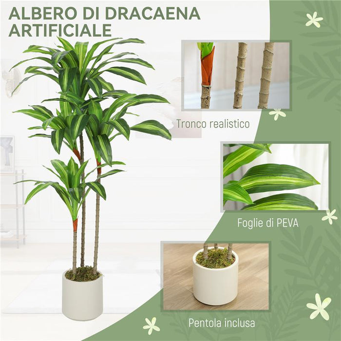 PIANTA ARTIFICIALE DI DRACENA VERDE IN PEVA E LEGNO CON VASO CONTENITORE IN PP E CEMENTO, 60X40X120 CM