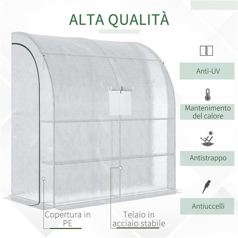 SERRA ADDOSSATA A 3 LIVELLI CON PORTE E FINESTRE AVVOLGIBILI, IN PE E ACCIAIO, 200X100X215 CM, VERDE E BIANCO