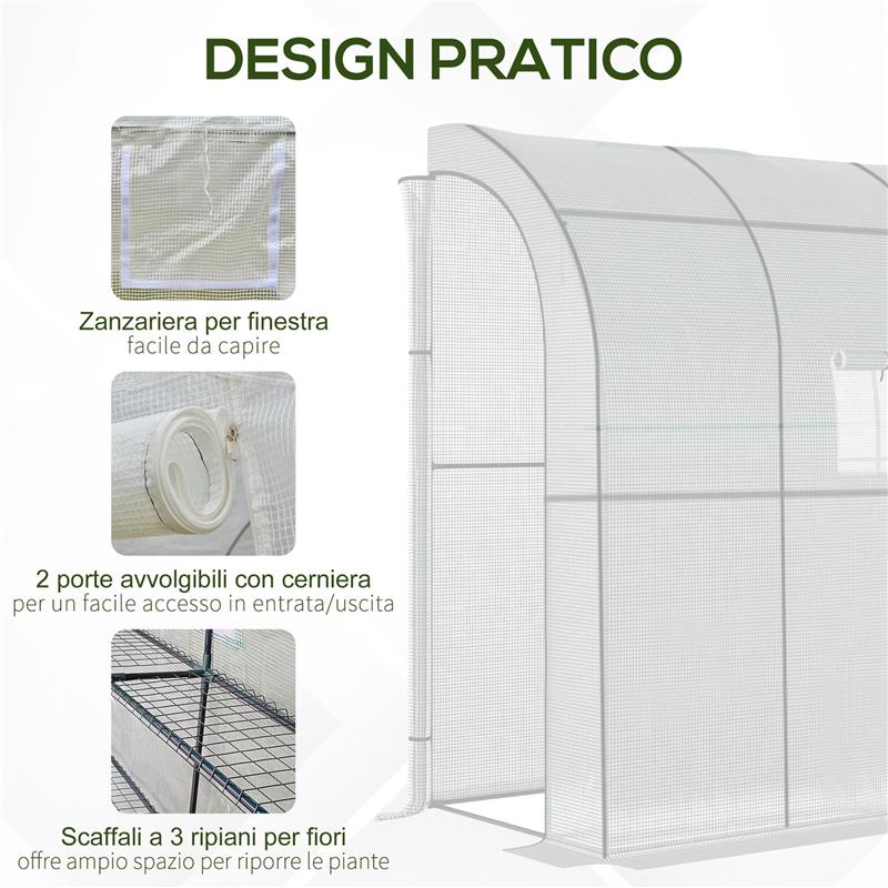 SERRA ADDOSSATA A 3 LIVELLI CON PORTE E FINESTRE AVVOLGIBILI, IN PE E ACCIAIO, 200X100X215 CM, VERDE E BIANCO