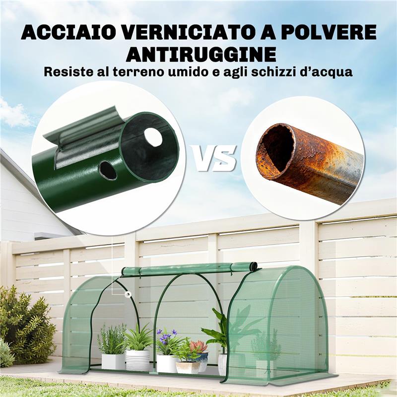 SERRA DA GIARDINO A TUNNEL IN ACCIAIO E CON COPERTURA IN PVC, 200X100X80 CM, VERDE