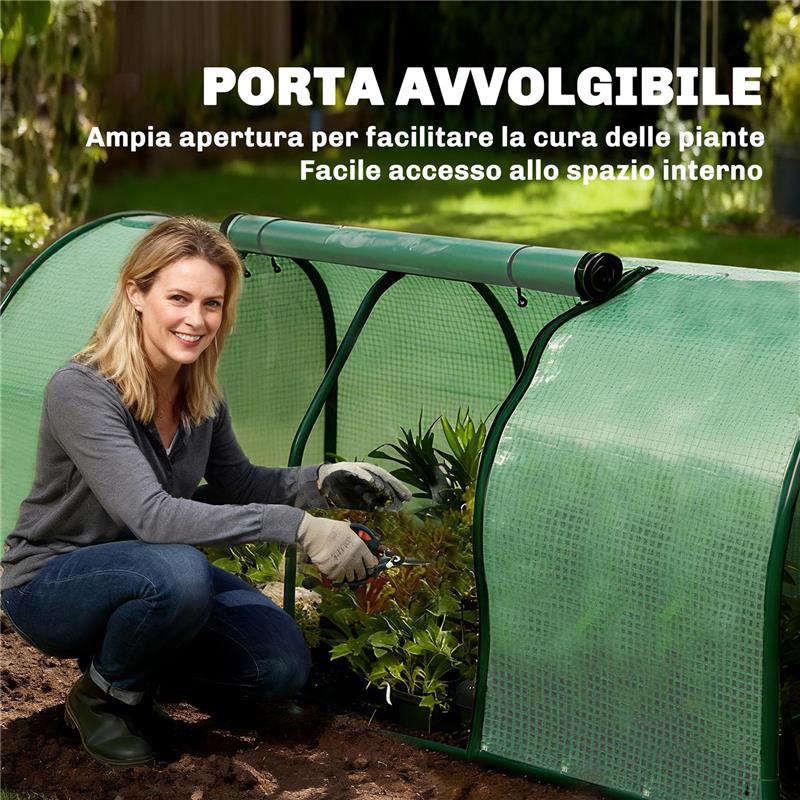 SERRA DA GIARDINO A TUNNEL IN ACCIAIO E CON COPERTURA IN PVC, 200X100X80 CM, VERDE