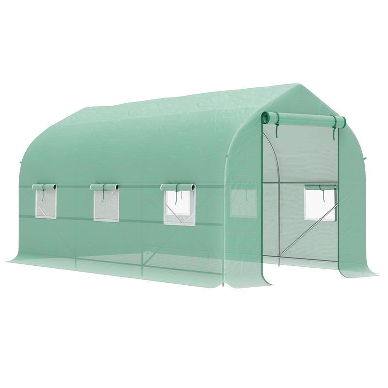 SERRA A TUNNEL ANTI-UV CON 6 FINESTRE A RETE E INGRESSO ARROTOLABILE, IN METALLO E PE, 4X2X2 M, VERDE
