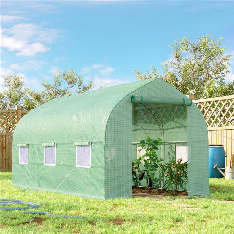 SERRA A TUNNEL ANTI-UV CON 6 FINESTRE A RETE E INGRESSO ARROTOLABILE, IN METALLO E PE, 4X2X2 M, VERDE