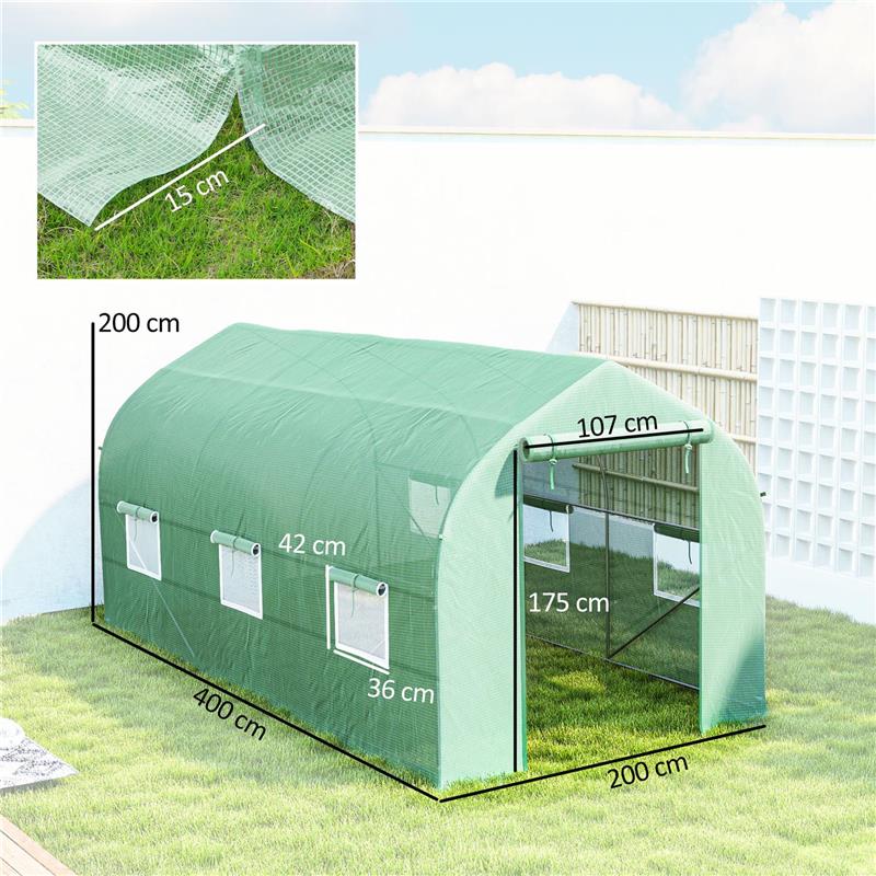 SERRA A TUNNEL ANTI-UV CON 6 FINESTRE A RETE E INGRESSO ARROTOLABILE, IN METALLO E PE, 4X2X2 M, VERDE
