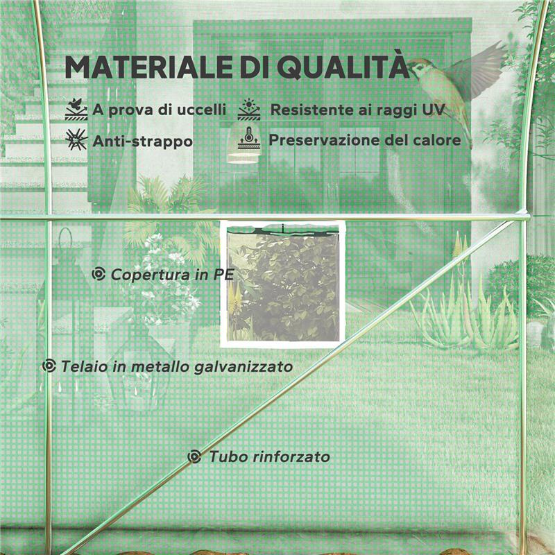 SERRA A TUNNEL ANTI-UV CON 6 FINESTRE A RETE E INGRESSO ARROTOLABILE, IN METALLO E PE, 4X2X2 M, VERDE