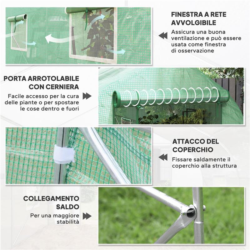 SERRA A TUNNEL ANTI-UV CON 6 FINESTRE A RETE E INGRESSO ARROTOLABILE, IN METALLO E PE, 4X2X2 M, VERDE
