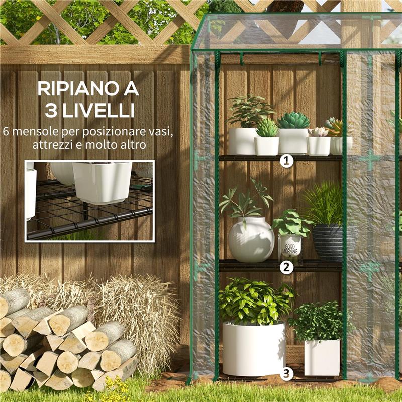 SERRA DA GIARDINO CON COPERTURA IN PE, 6 MENSOLE E 2 PORTE AVVOLGIBILI, 143X46X151CM, TRASPARENTE